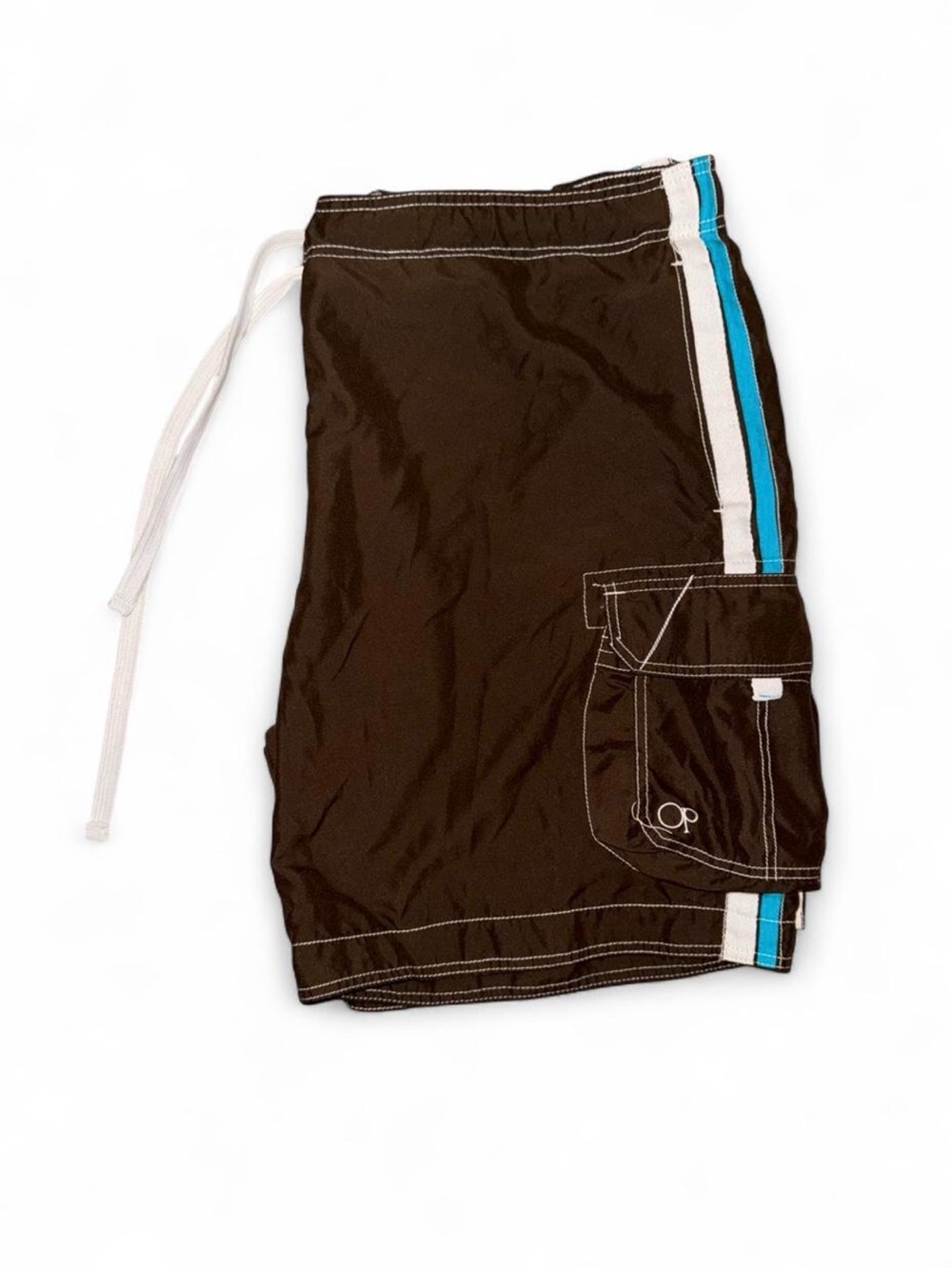 Vintage Y2K OP Men's Brown Swim Trunks with White and Blue Stripes
